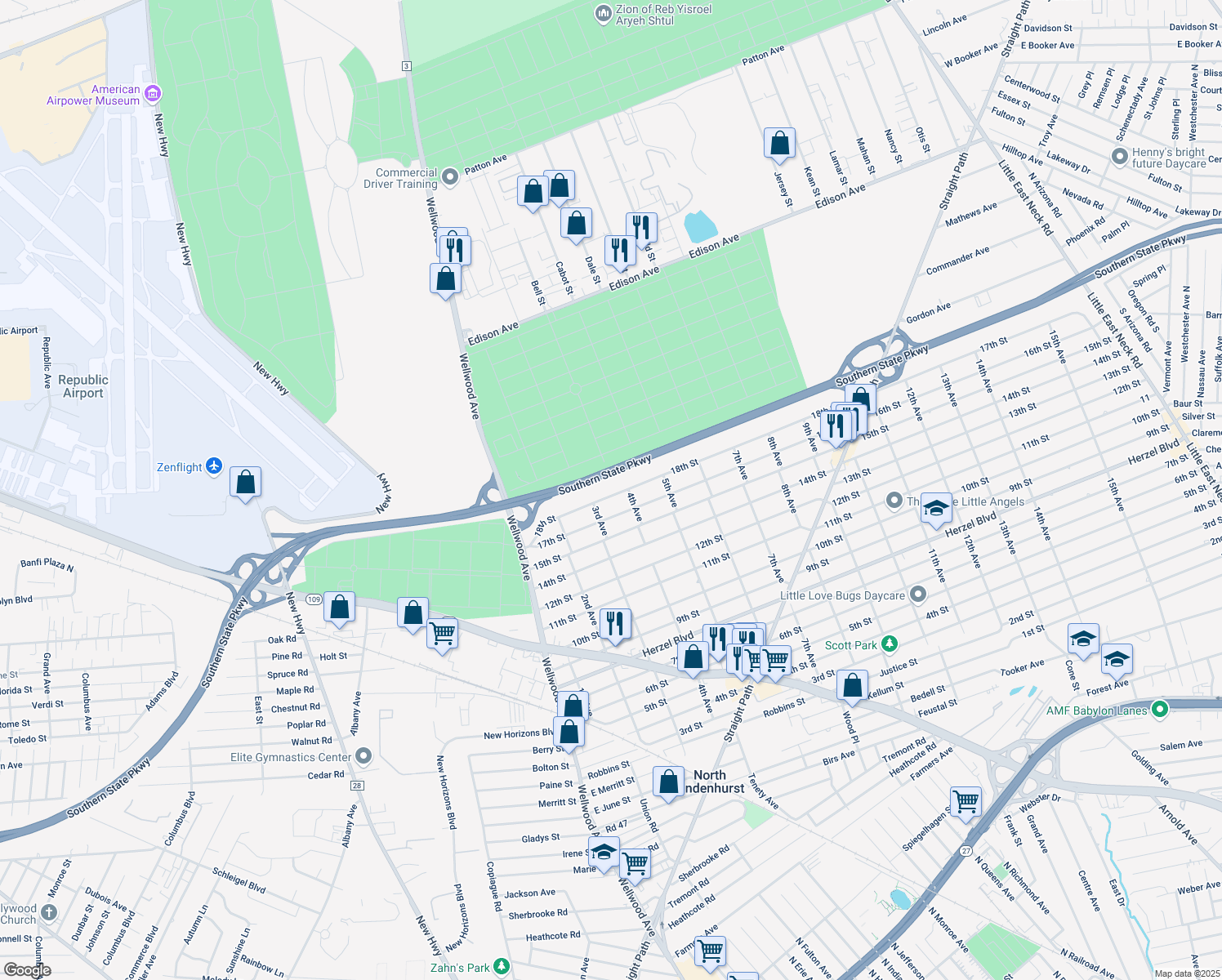 map of restaurants, bars, coffee shops, grocery stores, and more near 519 18th Street in West Babylon