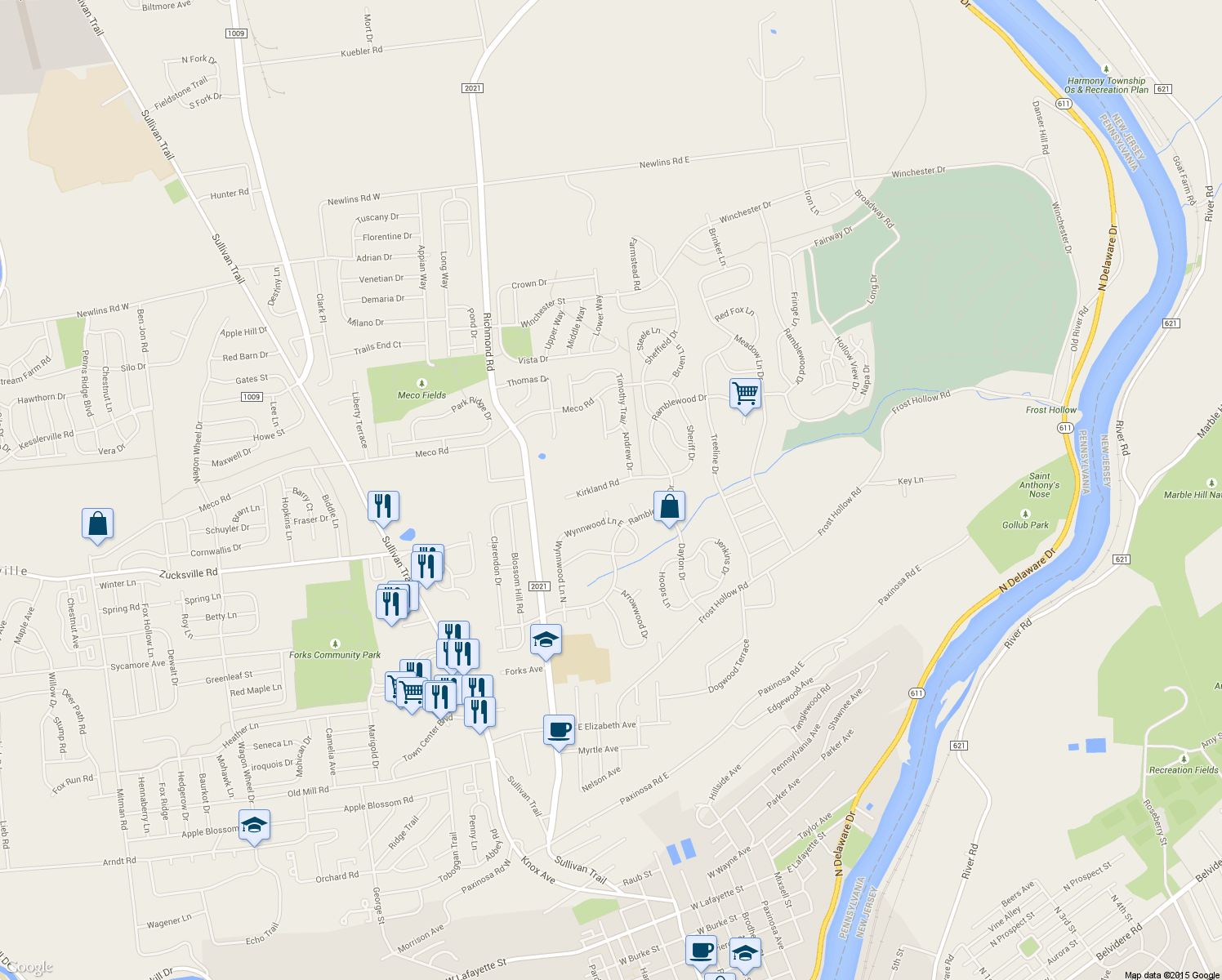 map of restaurants, bars, coffee shops, grocery stores, and more near 245 Kirkland Road in Easton