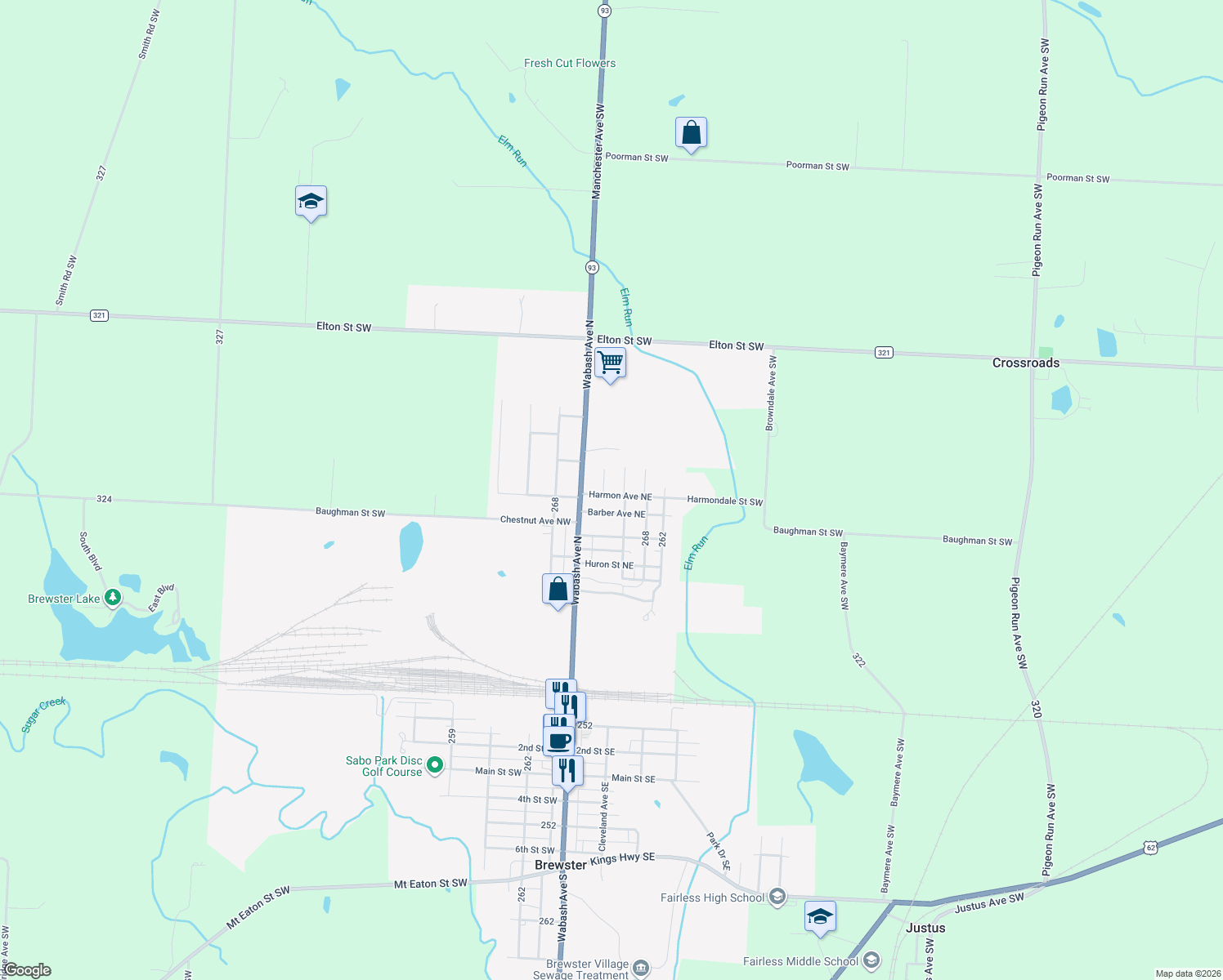 map of restaurants, bars, coffee shops, grocery stores, and more near 221 Harmon Ave NE in Brewster