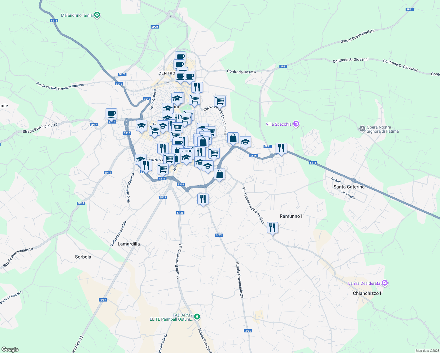 map of restaurants, bars, coffee shops, grocery stores, and more near 7 Via Professor Domenico Silletti in Ostuni