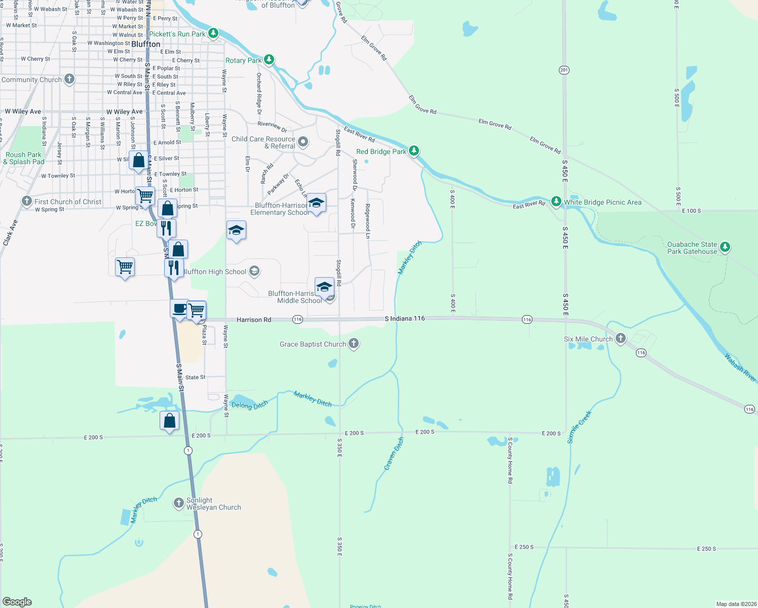 map of restaurants, bars, coffee shops, grocery stores, and more near 1534 Parlor City Dr in Bluffton