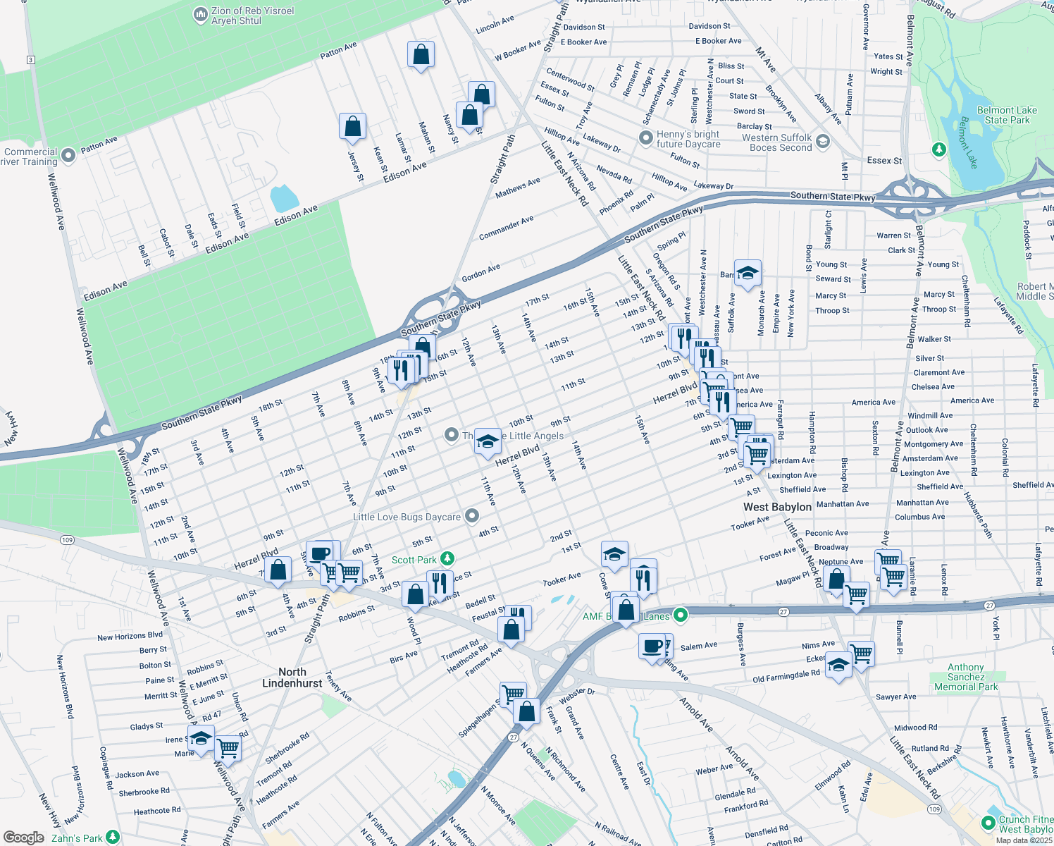map of restaurants, bars, coffee shops, grocery stores, and more near 195 13th Ave in West Babylon