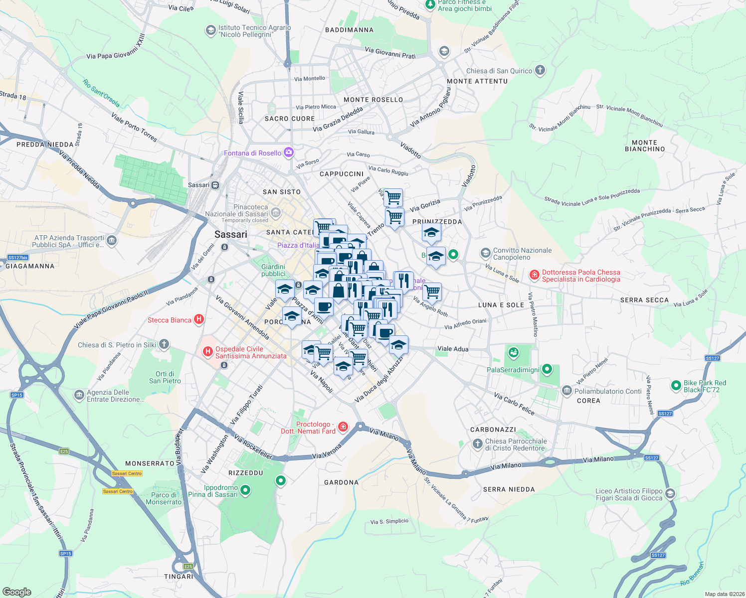 map of restaurants, bars, coffee shops, grocery stores, and more near 6 Via Alghero in Sassari