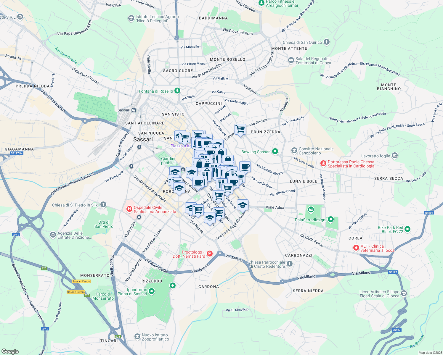 map of restaurants, bars, coffee shops, grocery stores, and more near 2 Via Giorgio Asproni in Sassari