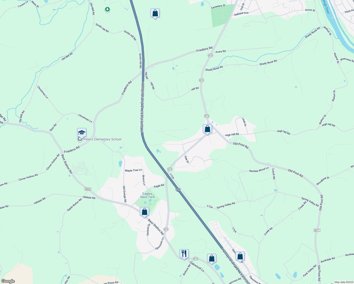 map of restaurants, bars, coffee shops, grocery stores, and more near 3619 Church Street in Slatington