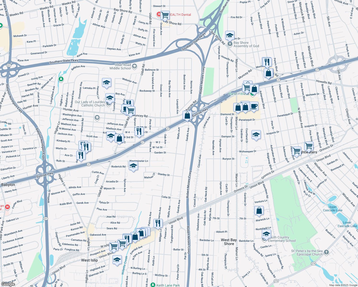 map of restaurants, bars, coffee shops, grocery stores, and more near 195 Malts Avenue in West Islip