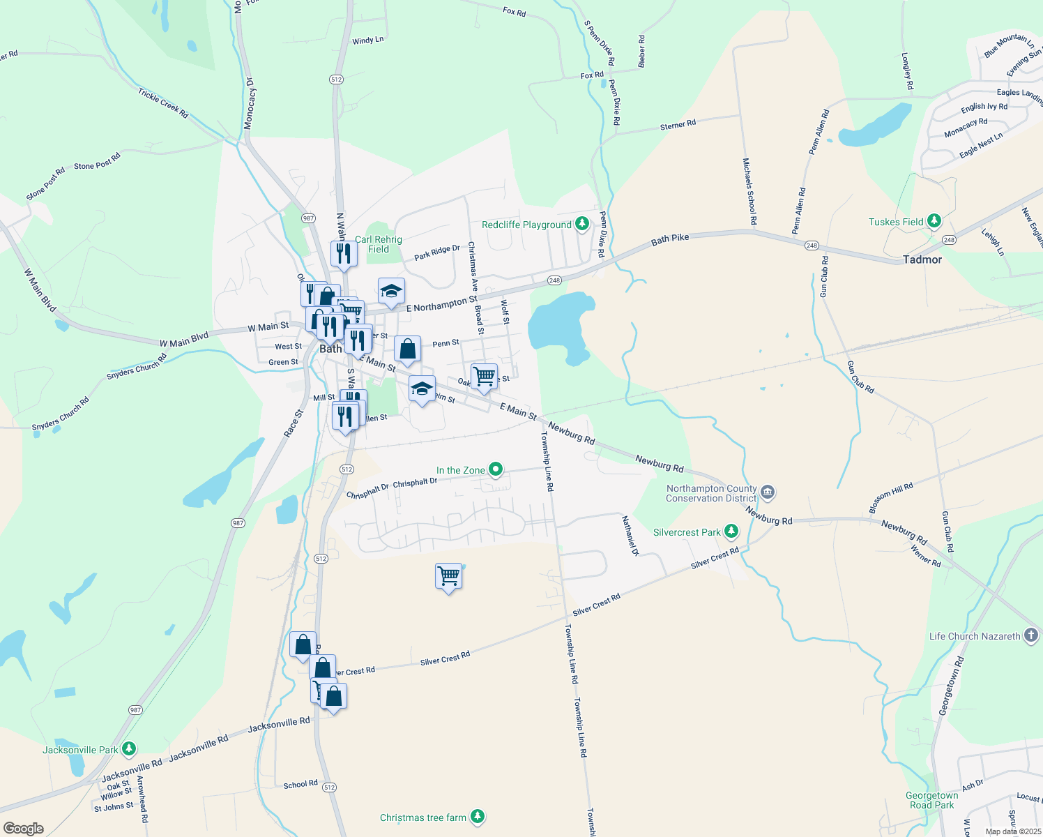 map of restaurants, bars, coffee shops, grocery stores, and more near 620 East Main Street in Bath