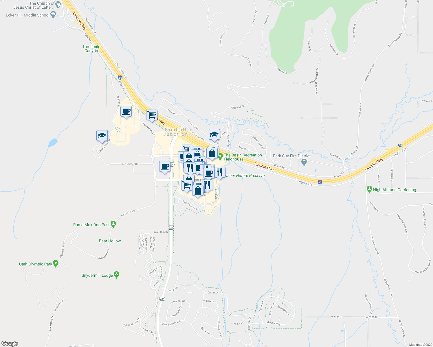 map of restaurants, bars, coffee shops, grocery stores, and more near 6295 North Park Lane in Park City
