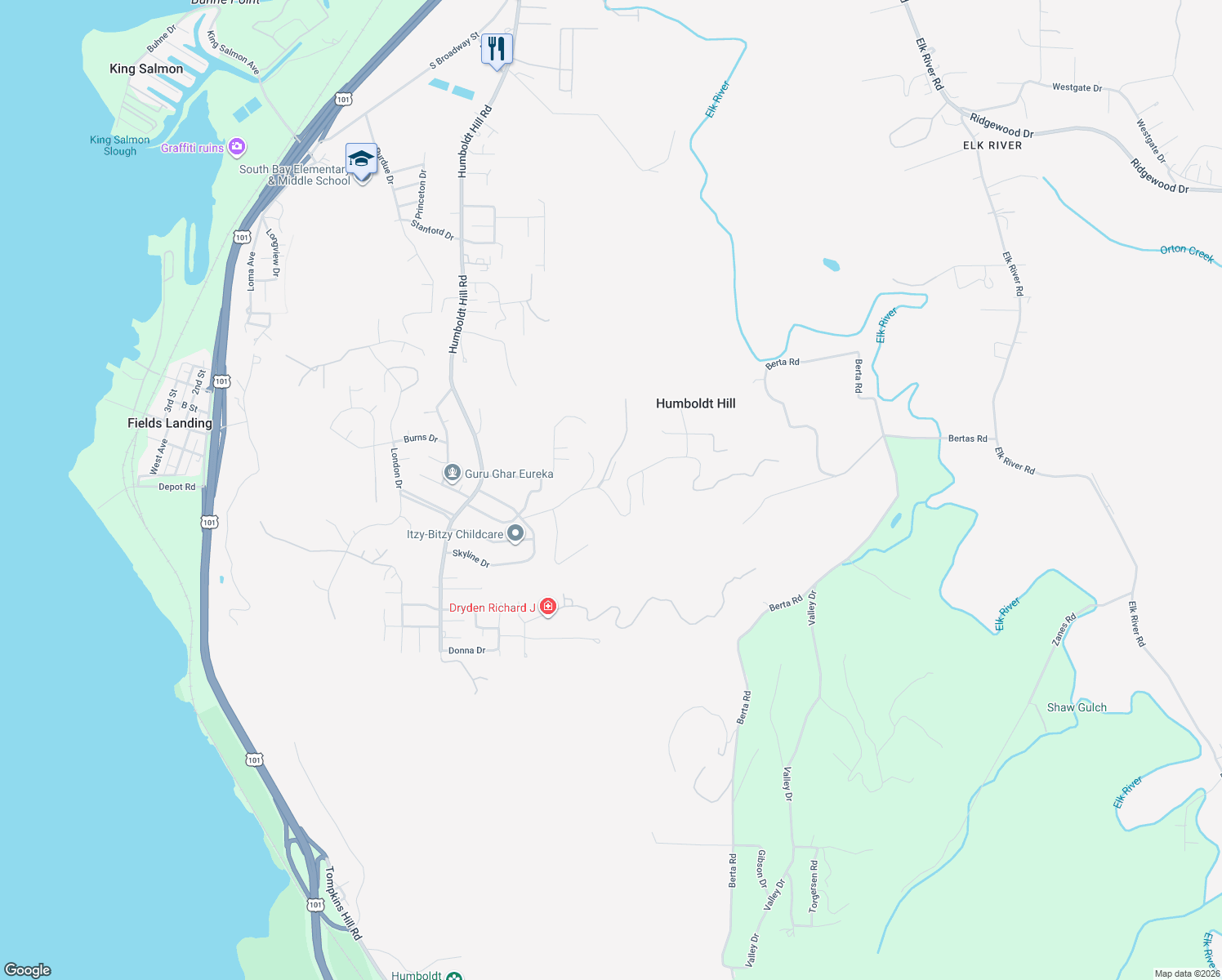 map of restaurants, bars, coffee shops, grocery stores, and more near 6991 Linda Road in Eureka