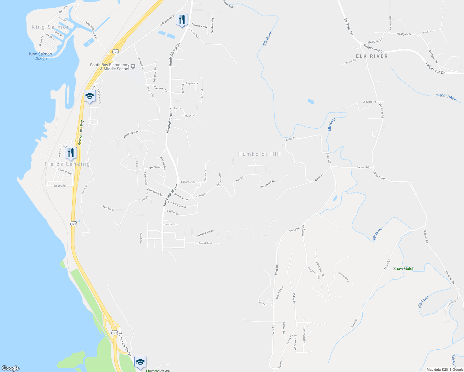 map of restaurants, bars, coffee shops, grocery stores, and more near 6914 Linda Road in Eureka