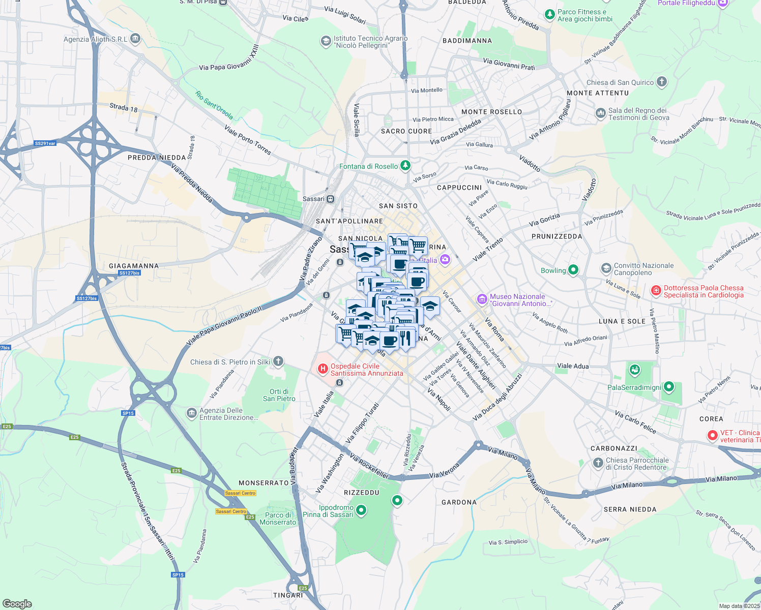 map of restaurants, bars, coffee shops, grocery stores, and more near 9 Viale Italia in Sassari
