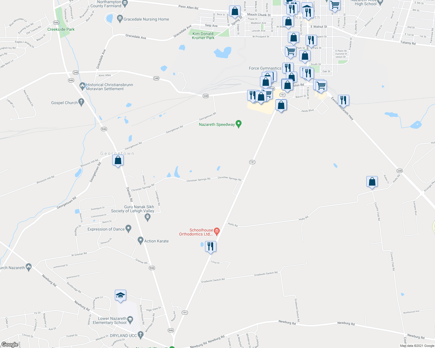map of restaurants, bars, coffee shops, grocery stores, and more near 4218 Christian Springs Road in Nazareth