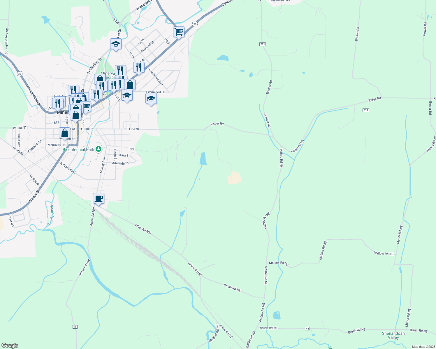 map of restaurants, bars, coffee shops, grocery stores, and more near 10201 Great Trail Drive in Minerva