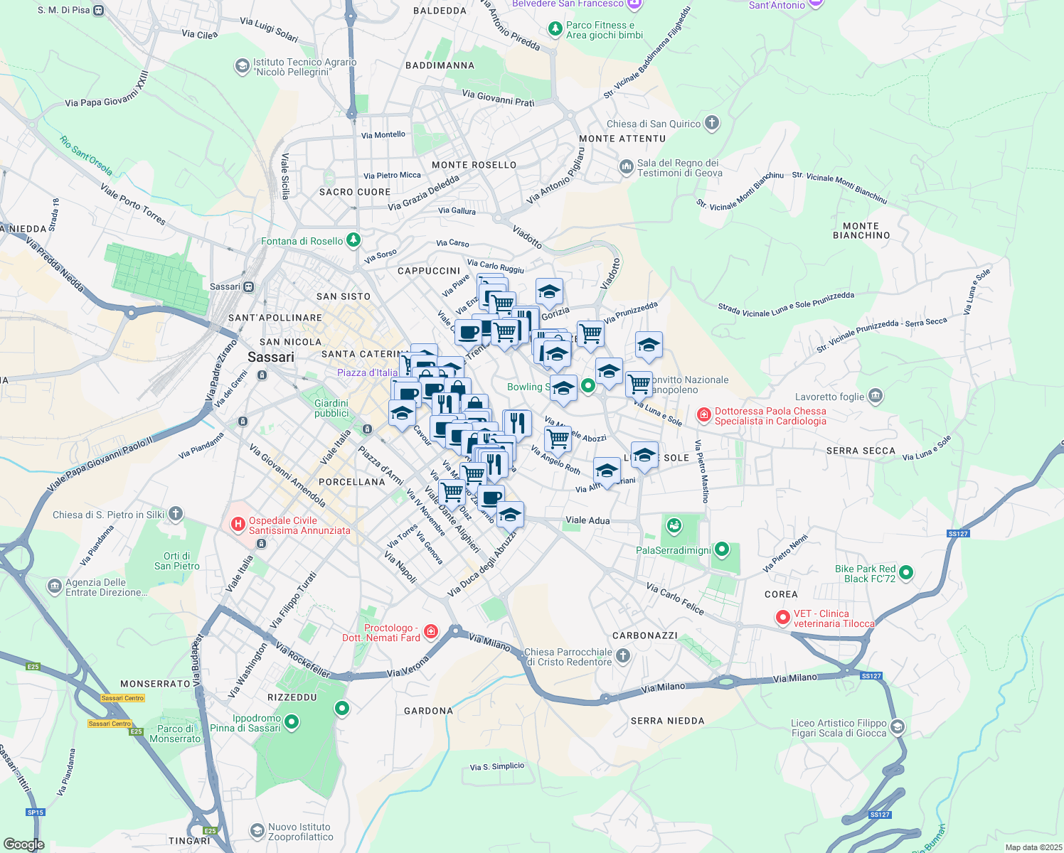 map of restaurants, bars, coffee shops, grocery stores, and more near 6 Via Giuseppe Biasi in Sassari