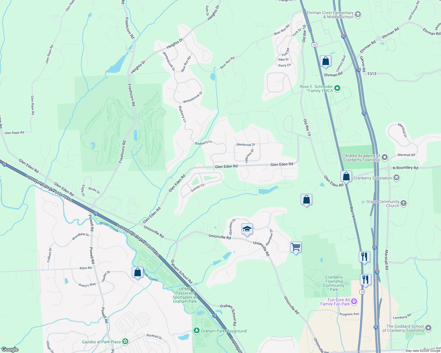 map of restaurants, bars, coffee shops, grocery stores, and more near 616 Sunset Circle in Cranberry Township
