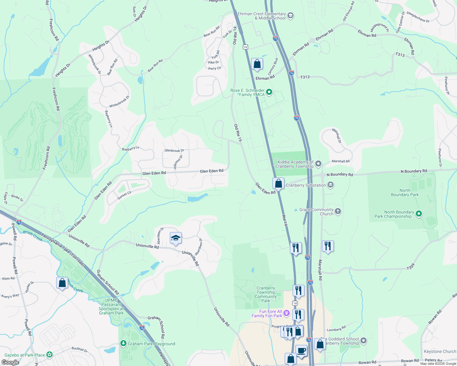 map of restaurants, bars, coffee shops, grocery stores, and more near 121 Eden Way Court in Cranberry Township