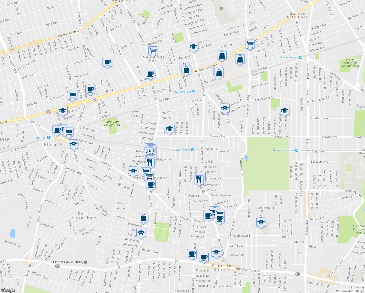 map of restaurants, bars, coffee shops, grocery stores, and more near 10 Fernwood Terrace North in Stewart Manor