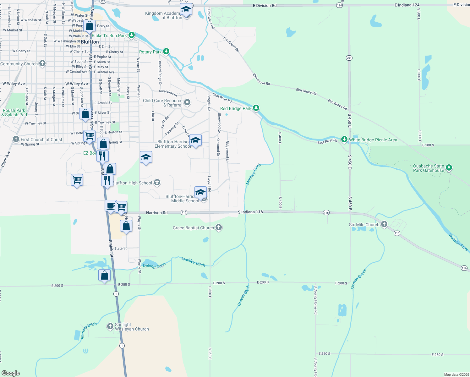 map of restaurants, bars, coffee shops, grocery stores, and more near 1440 Parlor City Drive in Bluffton