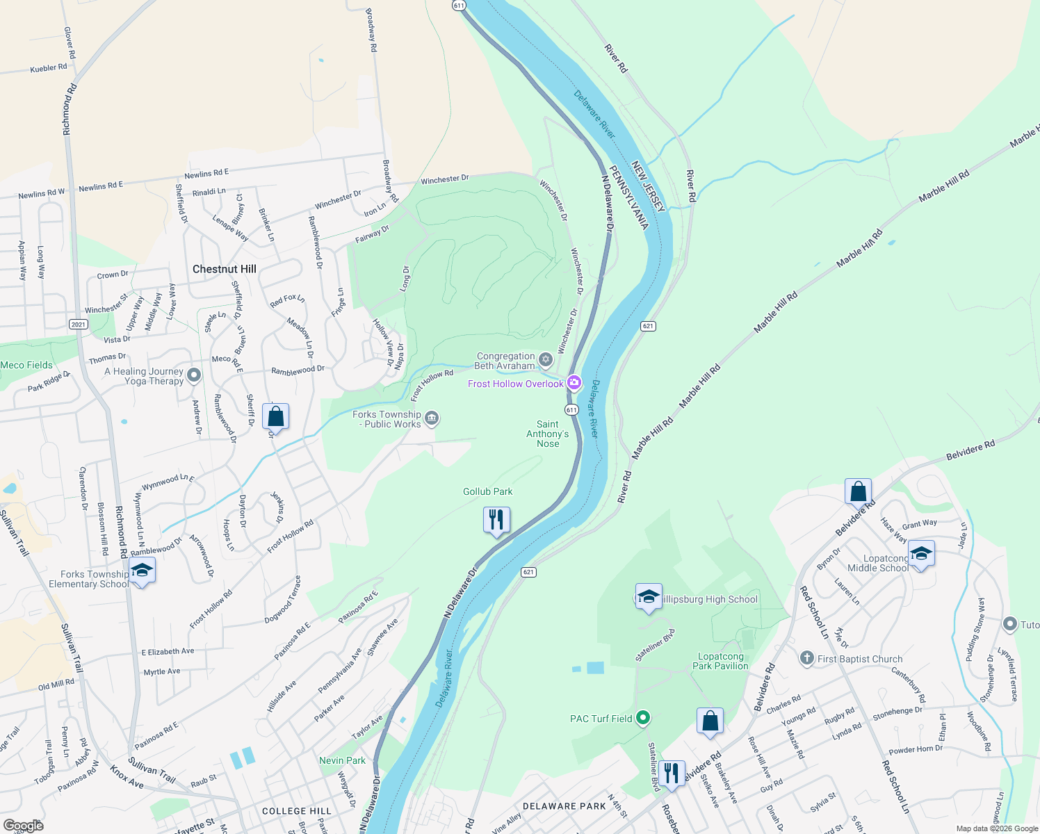 map of restaurants, bars, coffee shops, grocery stores, and more near 1421 Frost Hollow Road in Easton