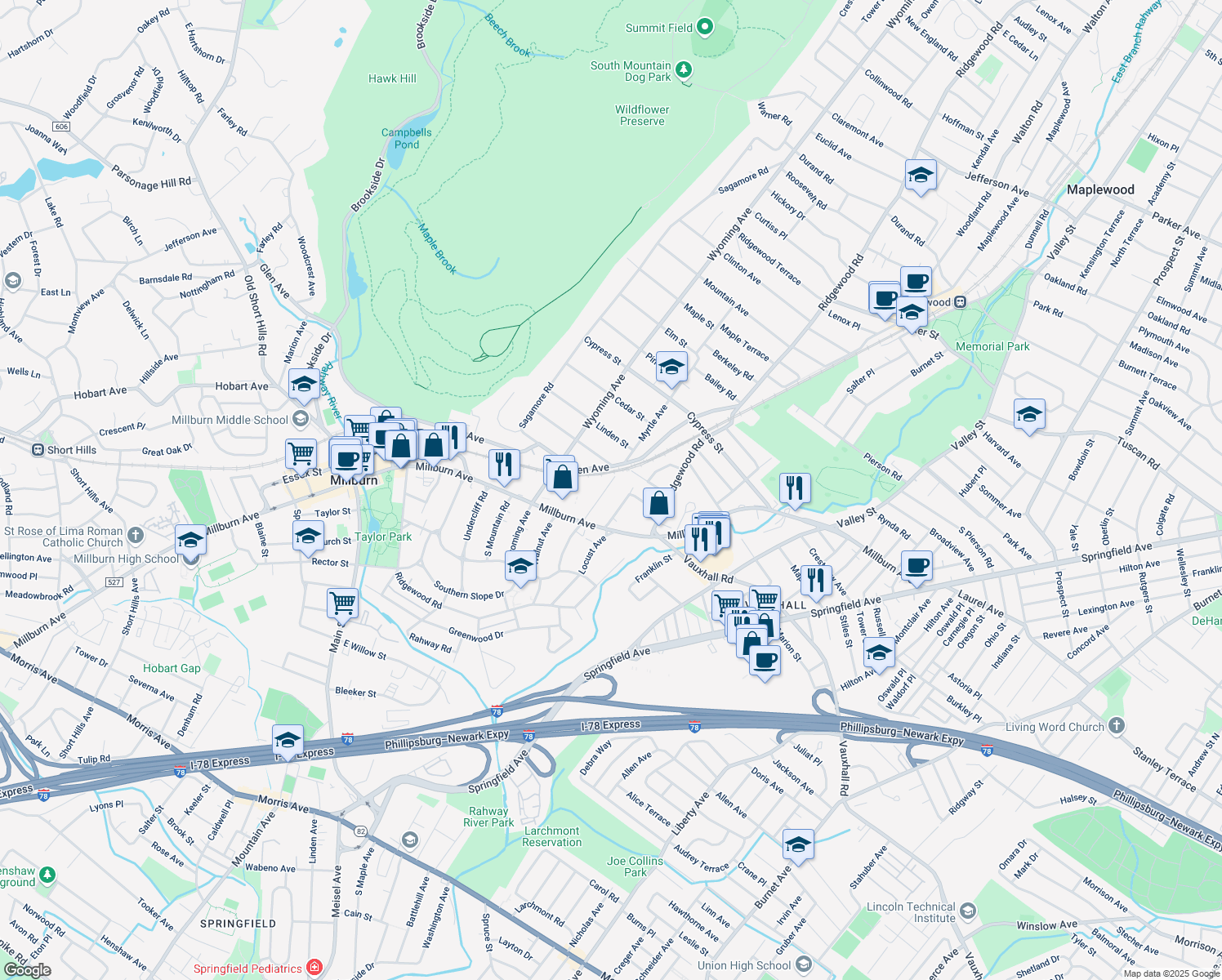 map of restaurants, bars, coffee shops, grocery stores, and more near 120 Myrtle Avenue in Essex County