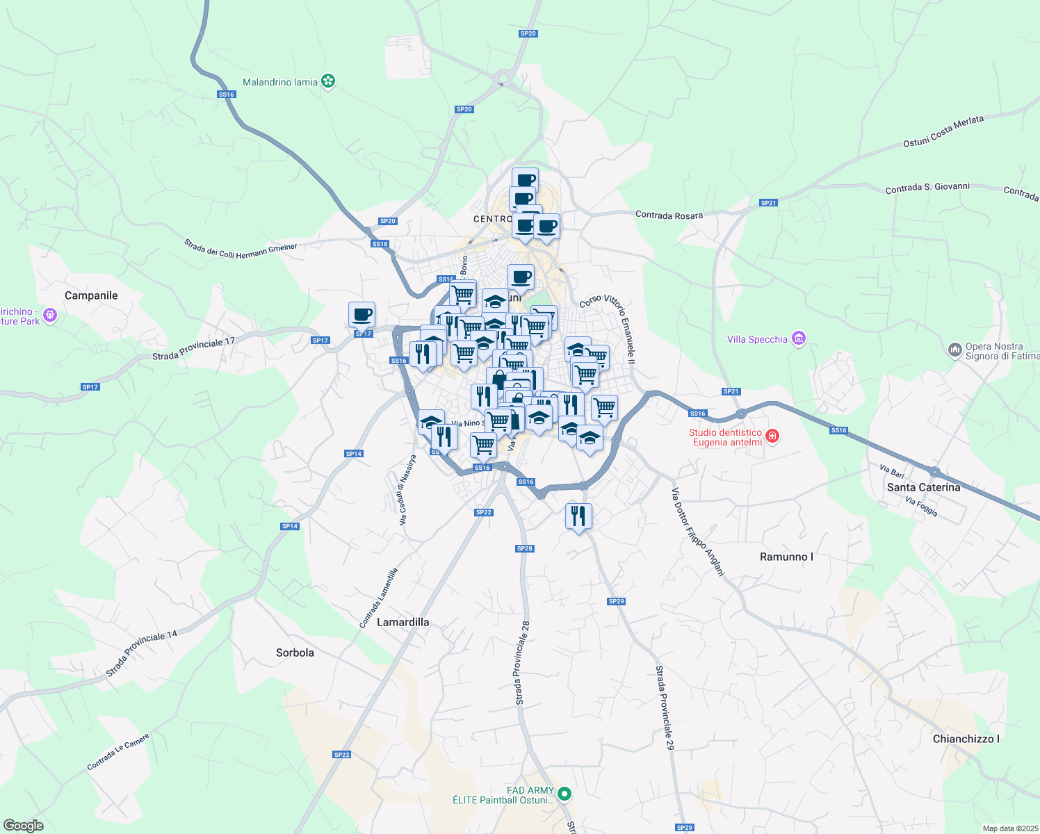 map of restaurants, bars, coffee shops, grocery stores, and more near 36 Via Monsignor G. Livrani in Ostuni