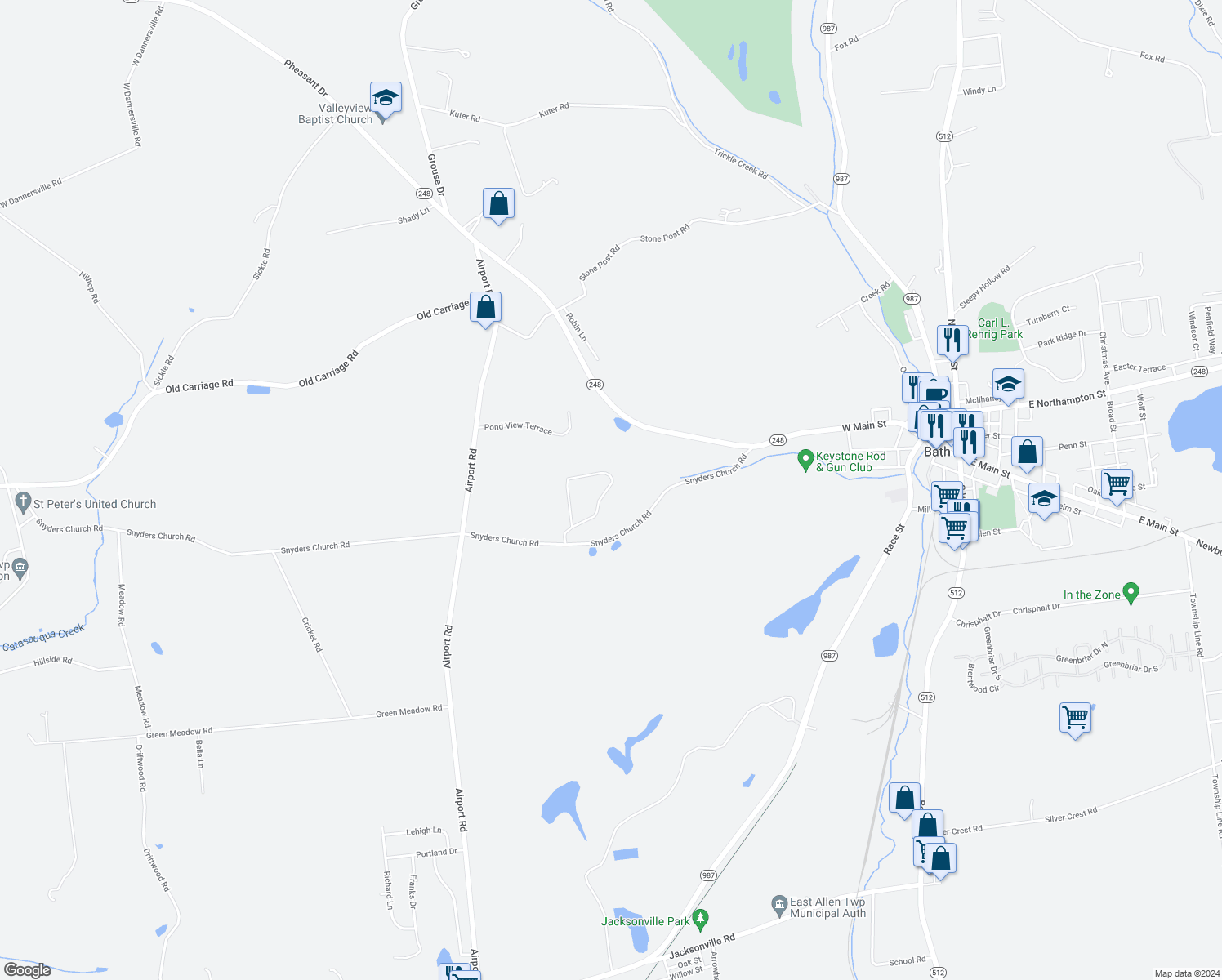 map of restaurants, bars, coffee shops, grocery stores, and more near 6149 Snyders Church Road in Bath