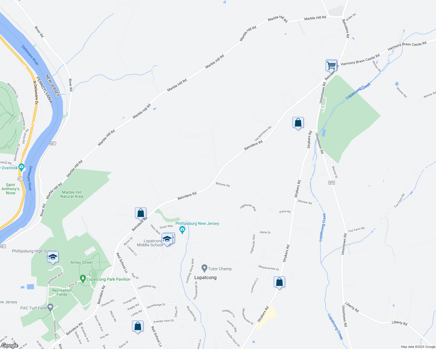 map of restaurants, bars, coffee shops, grocery stores, and more near 1821 Belvidere Road in Phillipsburg