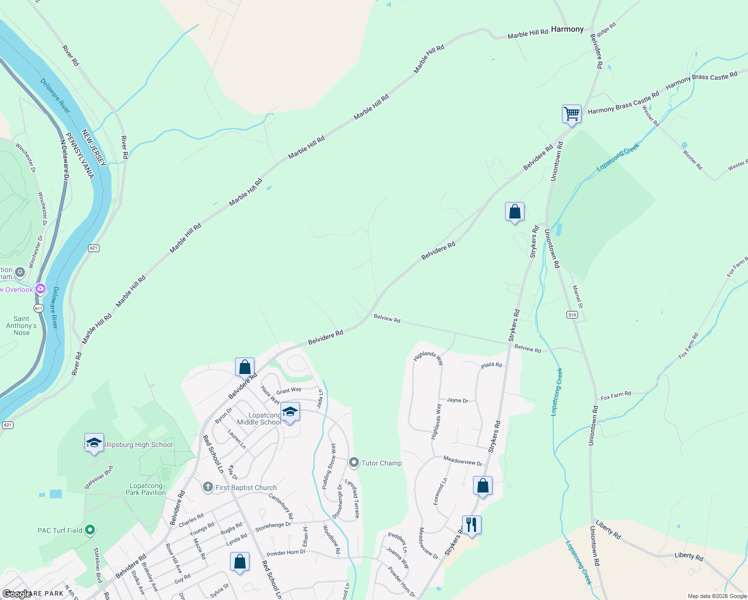map of restaurants, bars, coffee shops, grocery stores, and more near 1821 Belvidere Road in Phillipsburg