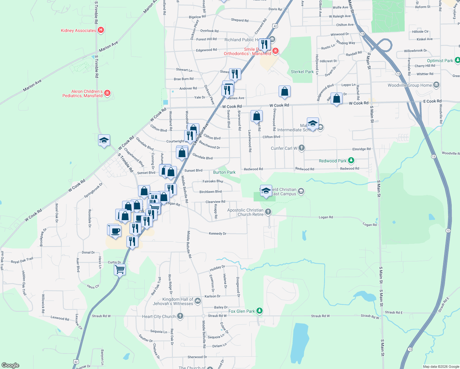 map of restaurants, bars, coffee shops, grocery stores, and more near 442 Fairoaks Boulevard in Mansfield