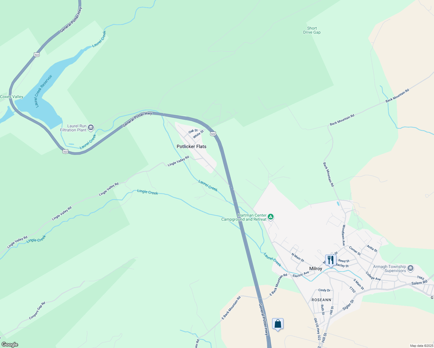 map of restaurants, bars, coffee shops, grocery stores, and more near 4 Sims Road in Milroy