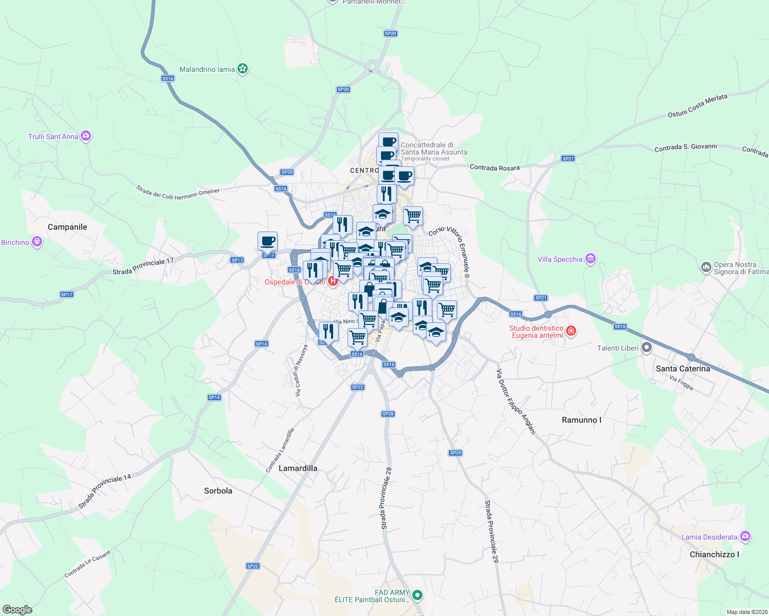 map of restaurants, bars, coffee shops, grocery stores, and more near 64 Via Monsignor Luigi Mindelli in Ostuni