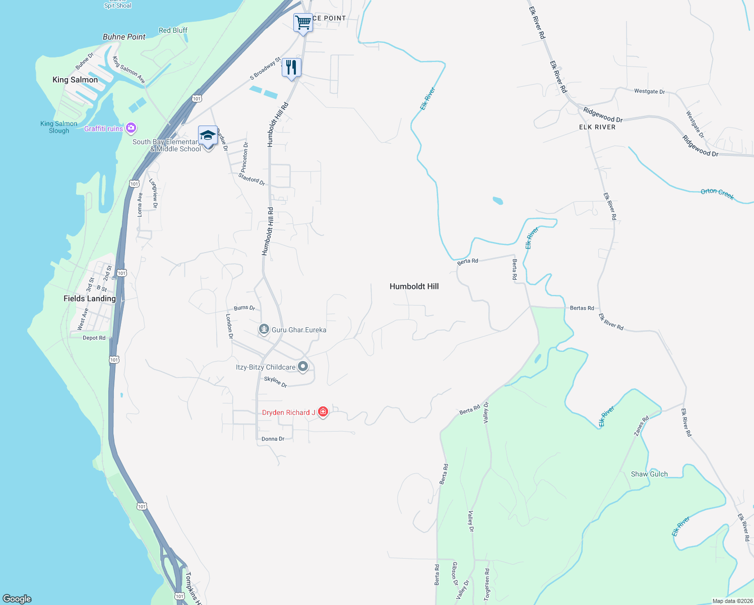 map of restaurants, bars, coffee shops, grocery stores, and more near 6825 Vista Road in Eureka