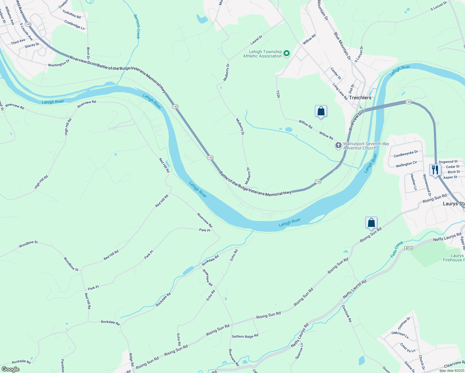 map of restaurants, bars, coffee shops, grocery stores, and more near 189 Riverview Drive in Walnutport
