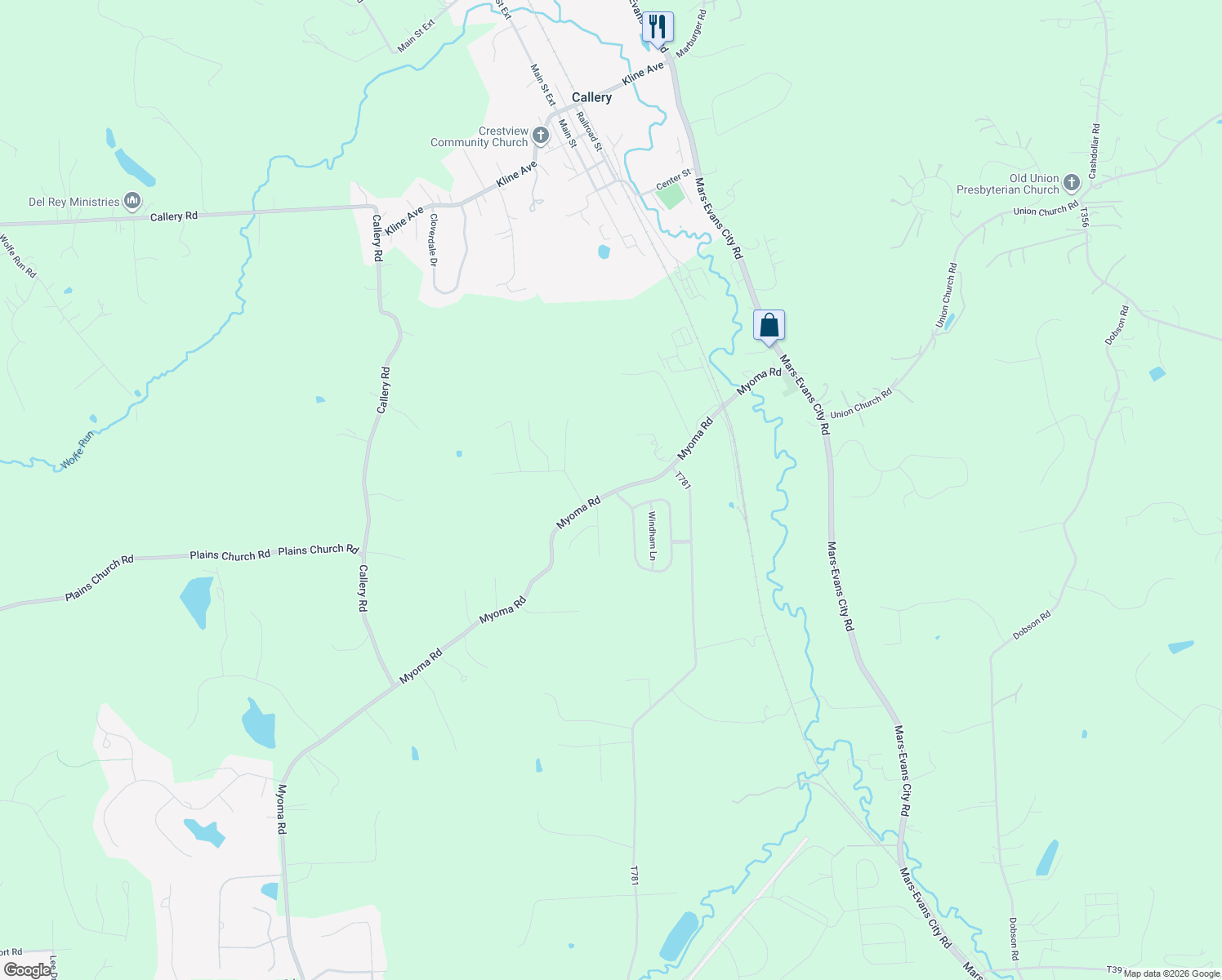 map of restaurants, bars, coffee shops, grocery stores, and more near 218 Myoma Road in Mars