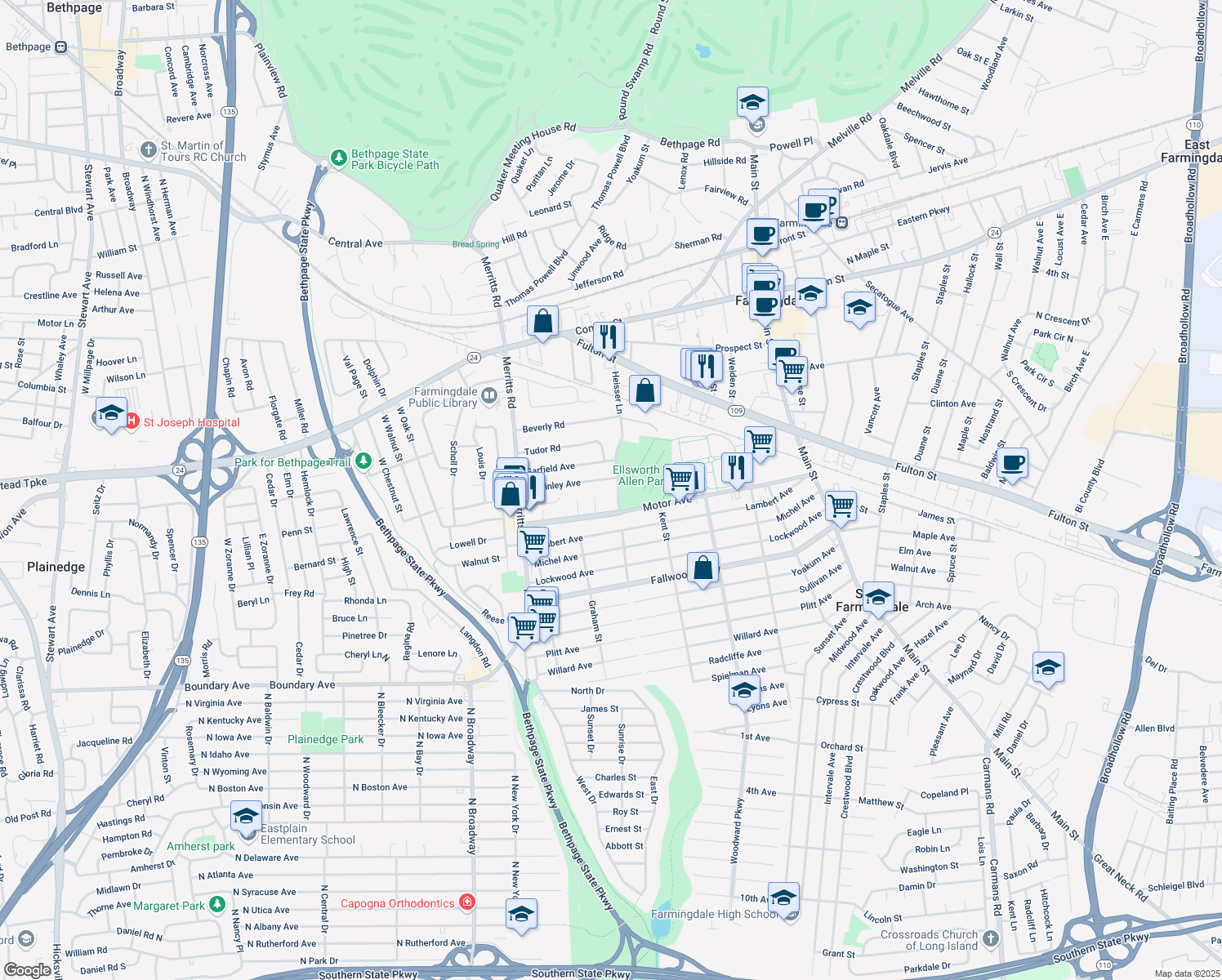 map of restaurants, bars, coffee shops, grocery stores, and more near 78 Heisser Lane in Farmingdale