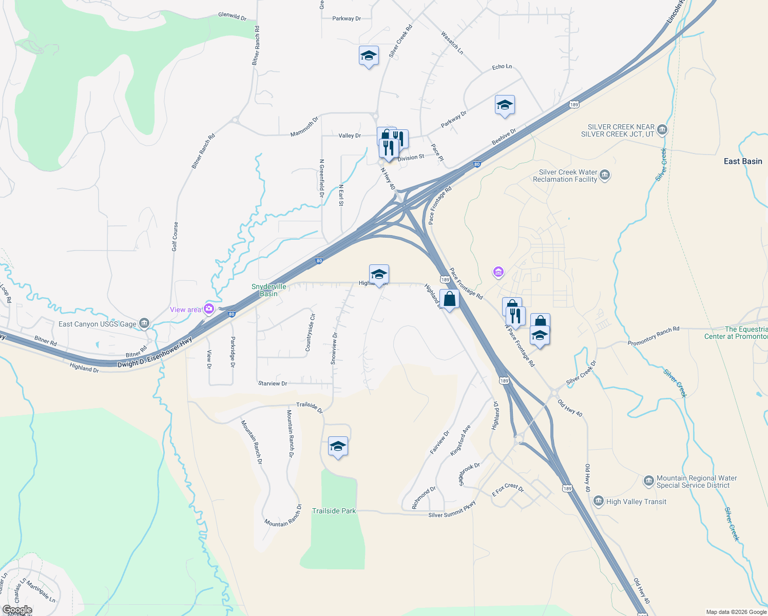 map of restaurants, bars, coffee shops, grocery stores, and more near 6510 Mountain View Drive in Park City