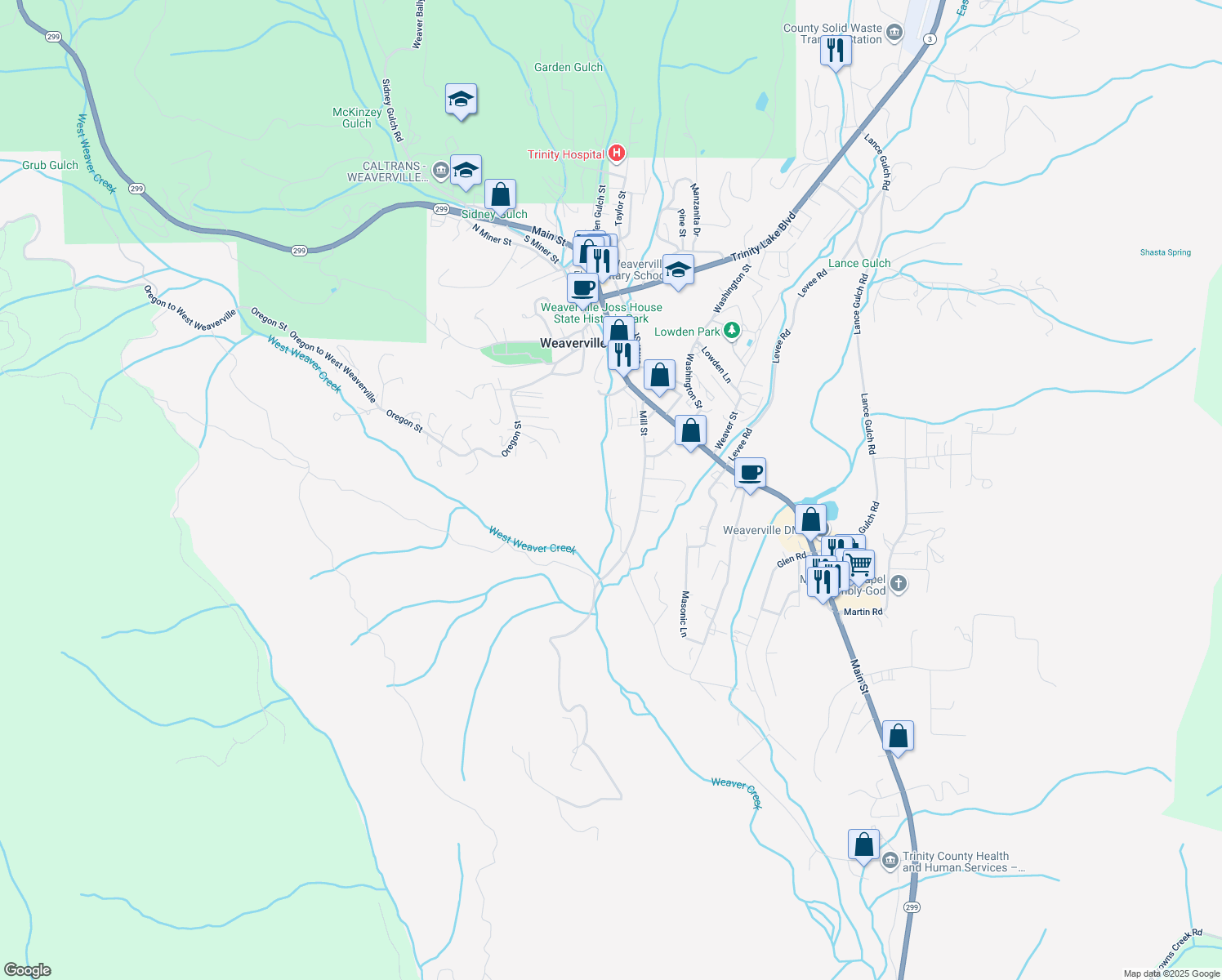map of restaurants, bars, coffee shops, grocery stores, and more near 1045 Lower Mill St in Weaverville