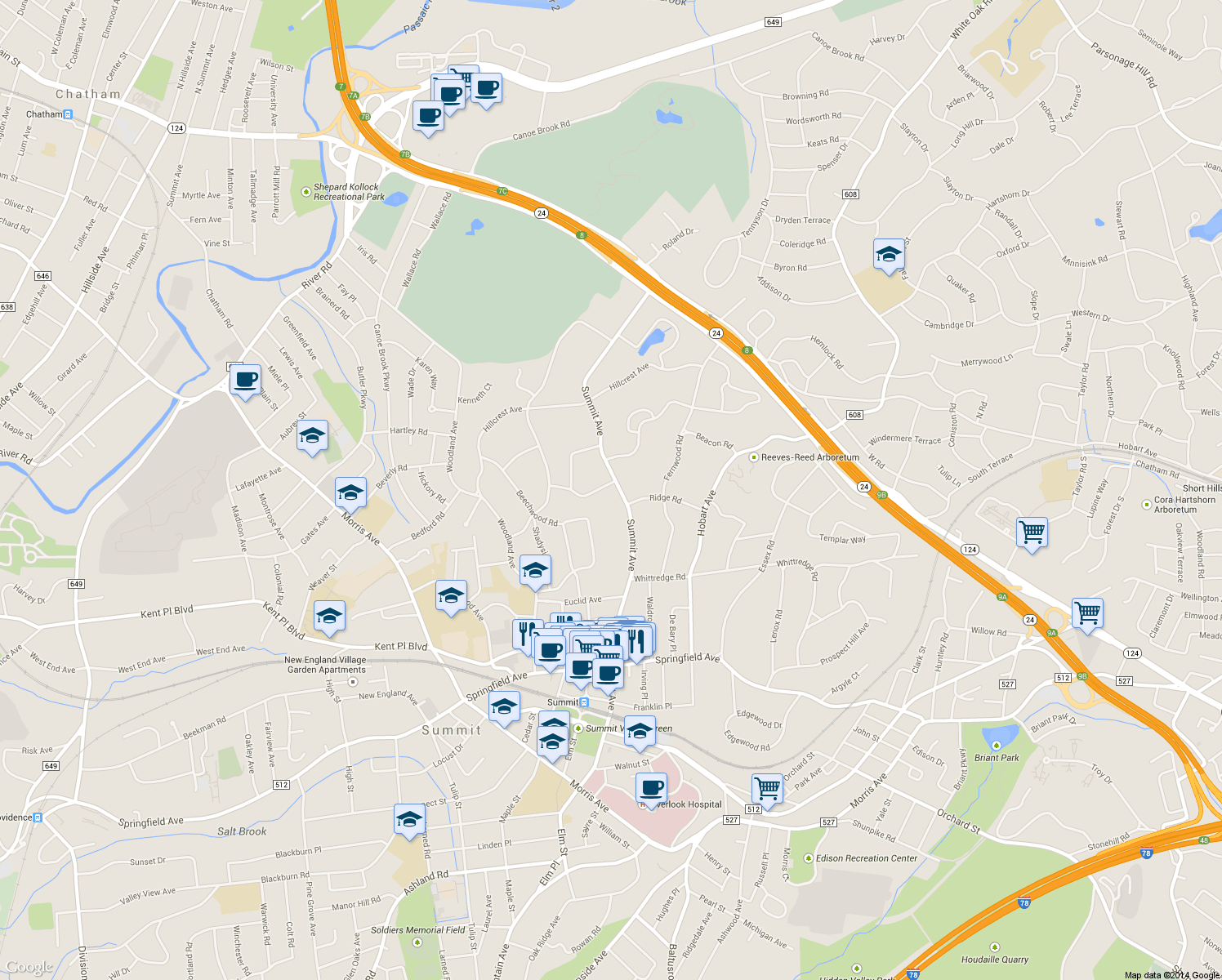 map of restaurants, bars, coffee shops, grocery stores, and more near 10 Badeau Ave in Summit