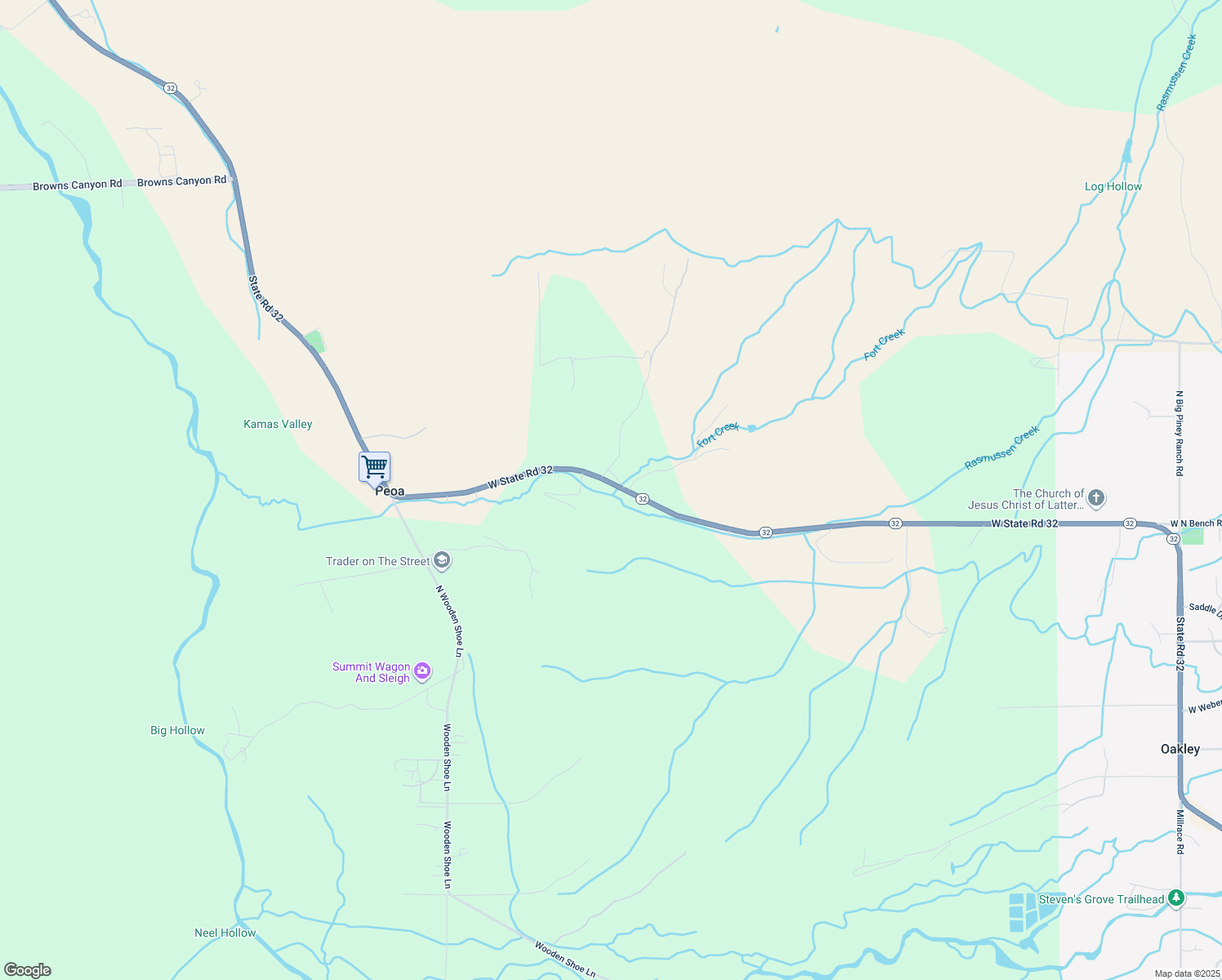 map of restaurants, bars, coffee shops, grocery stores, and more near 2575 West State Road 32 in Peoa