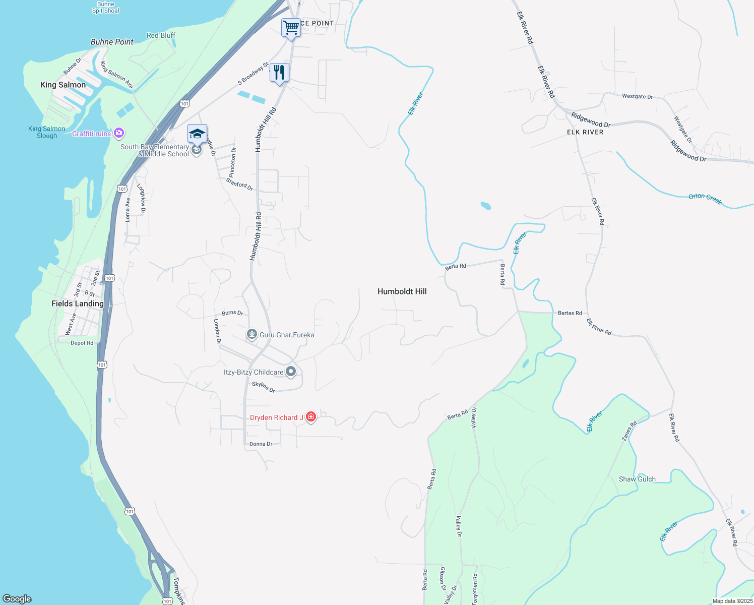 map of restaurants, bars, coffee shops, grocery stores, and more near 6825 Vista Road in Eureka
