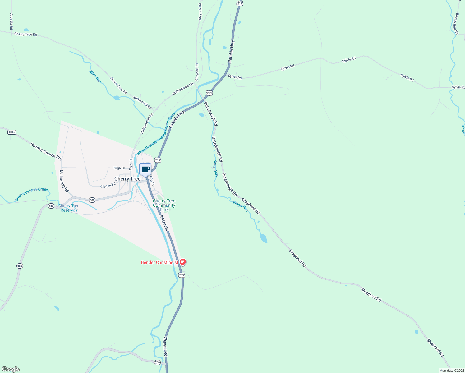 map of restaurants, bars, coffee shops, grocery stores, and more near 1208 Buterbaugh Road in Cherry Tree