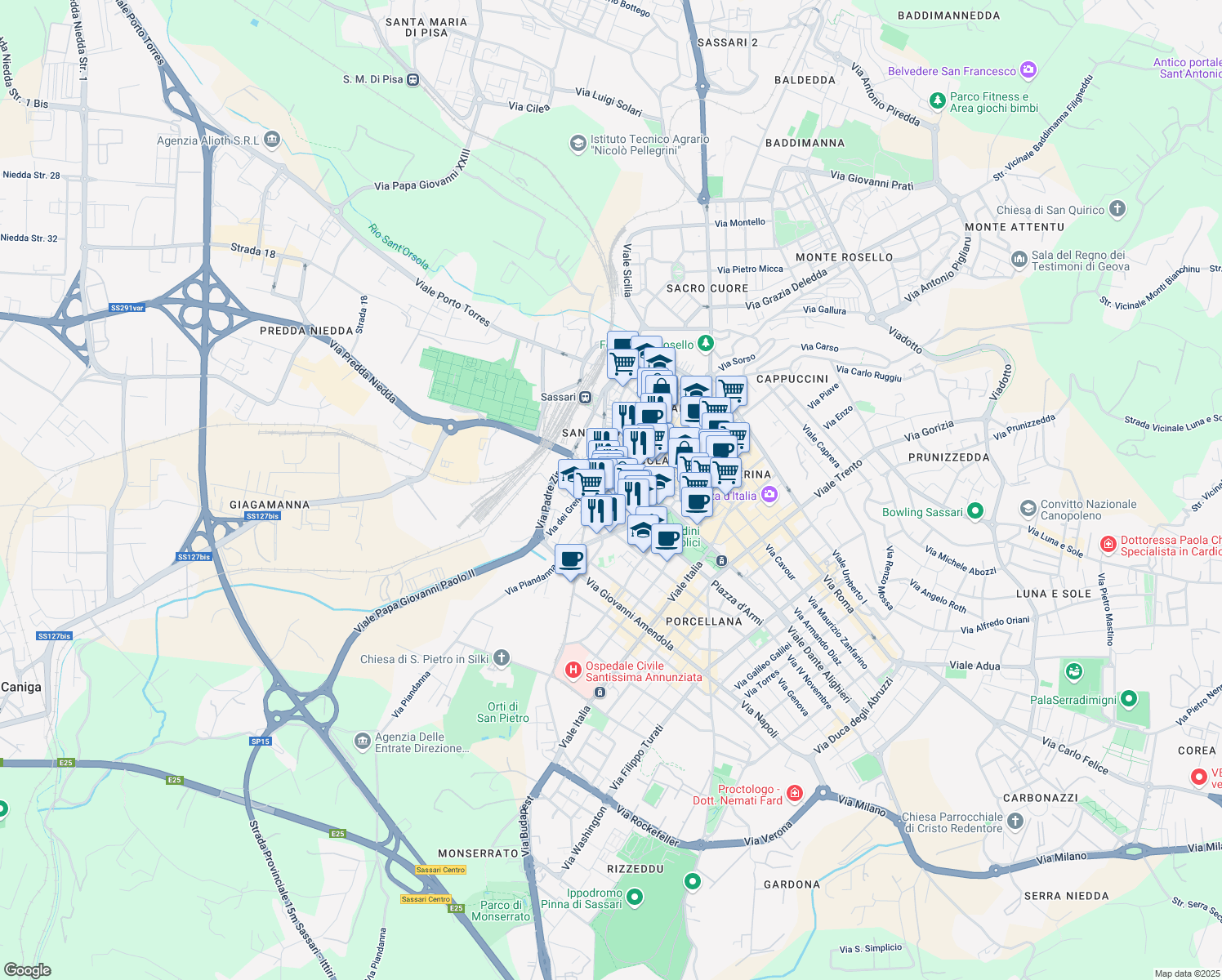 map of restaurants, bars, coffee shops, grocery stores, and more near in Sassari