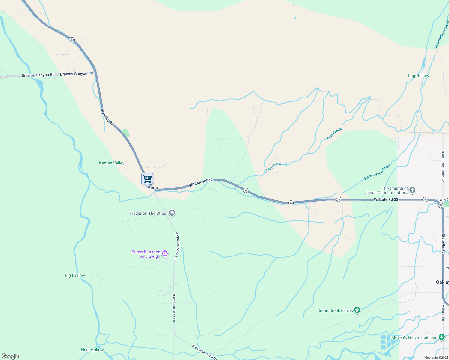 map of restaurants, bars, coffee shops, grocery stores, and more near 2640 West State Road 32 in Peoa