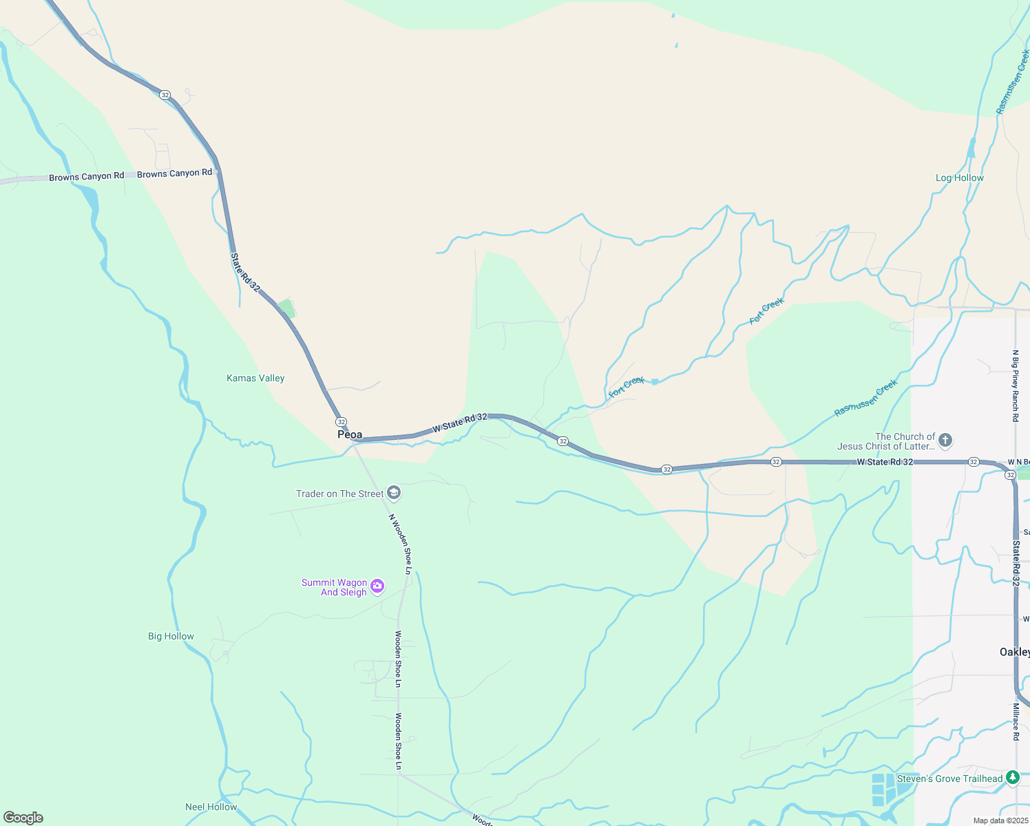 map of restaurants, bars, coffee shops, grocery stores, and more near 2640 West State Road 32 in Peoa