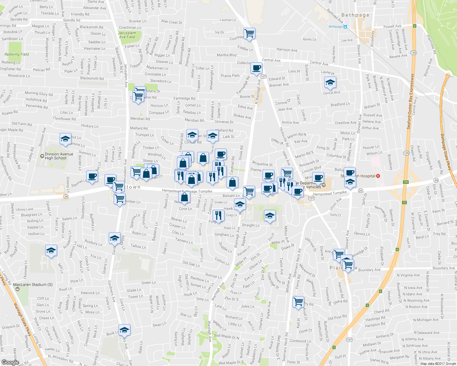 map of restaurants, bars, coffee shops, grocery stores, and more near 3683 Hawk Road in Levittown