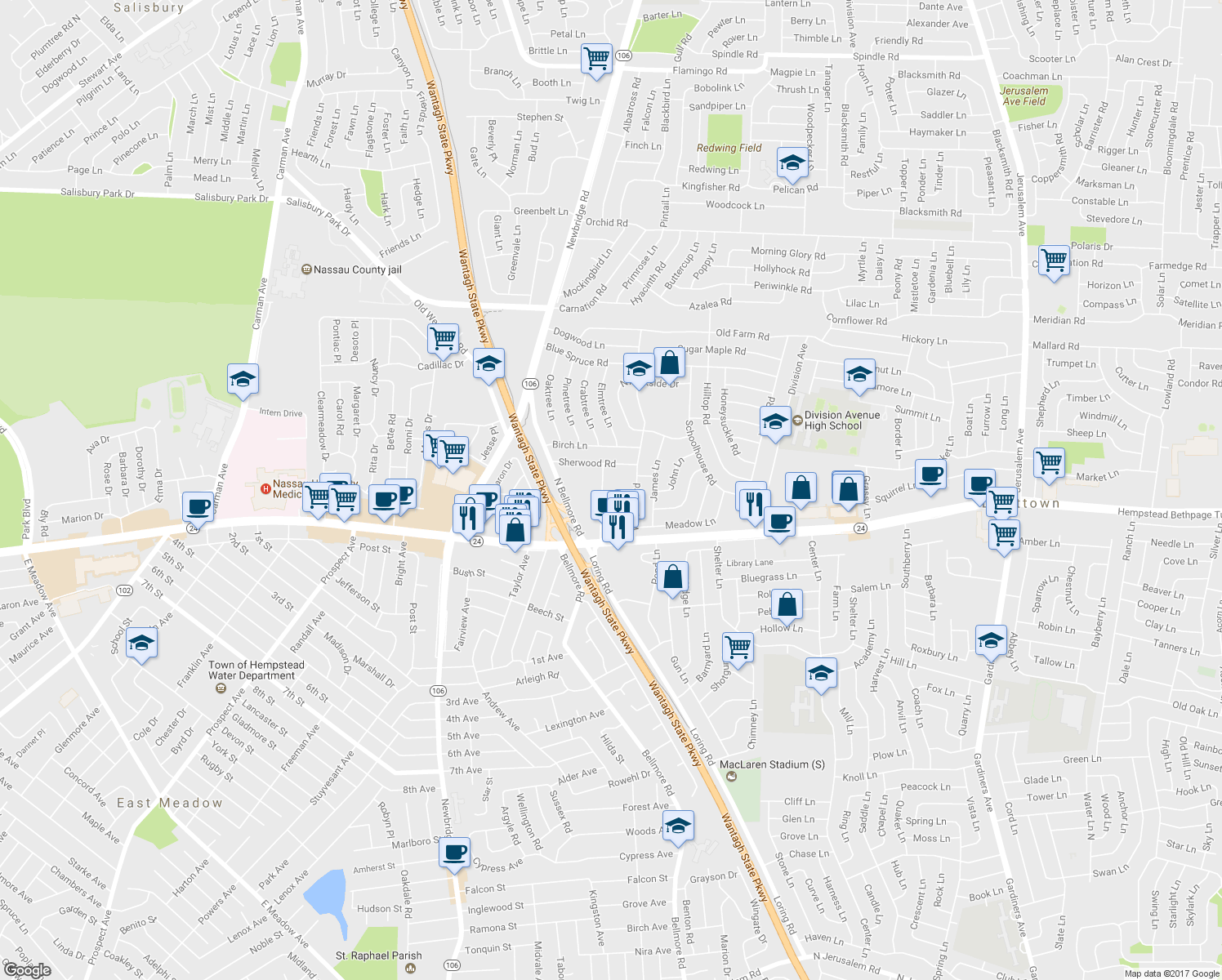 map of restaurants, bars, coffee shops, grocery stores, and more near 14 Loring Rd in Levittown