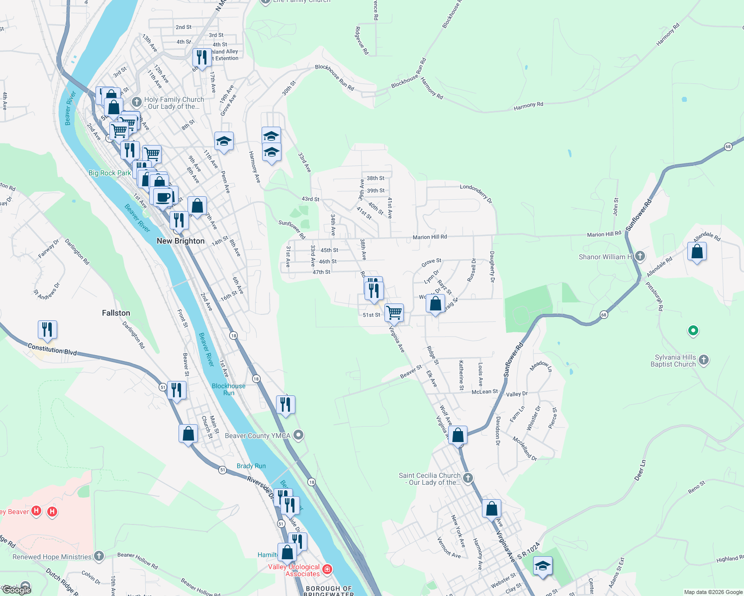map of restaurants, bars, coffee shops, grocery stores, and more near 4902 Rochester Rd in New Brighton