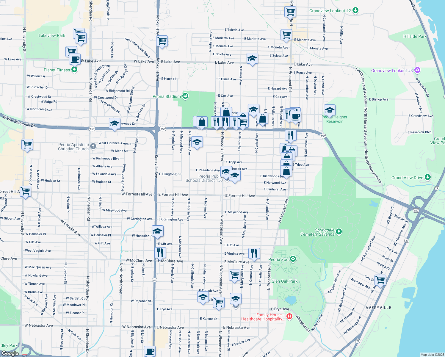 map of restaurants, bars, coffee shops, grocery stores, and more near 698 E Lawndale Ave in Peoria