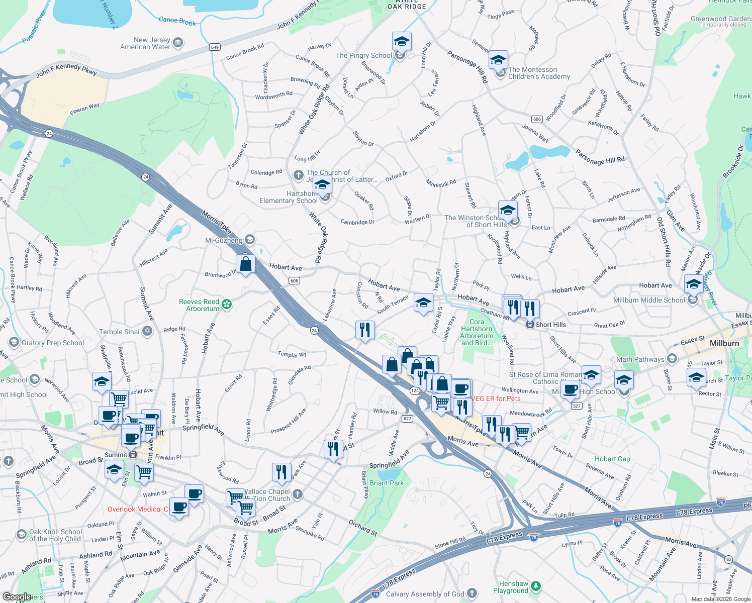 map of restaurants, bars, coffee shops, grocery stores, and more near 9 N Rd in Millburn