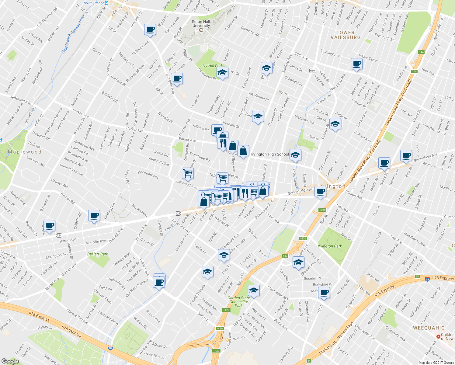 map of restaurants, bars, coffee shops, grocery stores, and more near 23 Tiffany Place in Irvington
